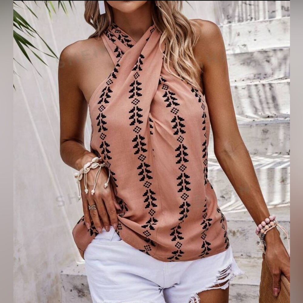 NWOT Plants Print Criss Cross Halter Neck Blouse size L